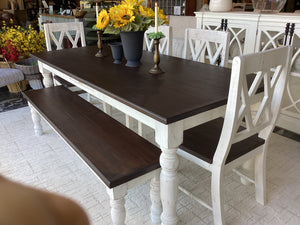 7FT White Table w/4 Chairs & Bench